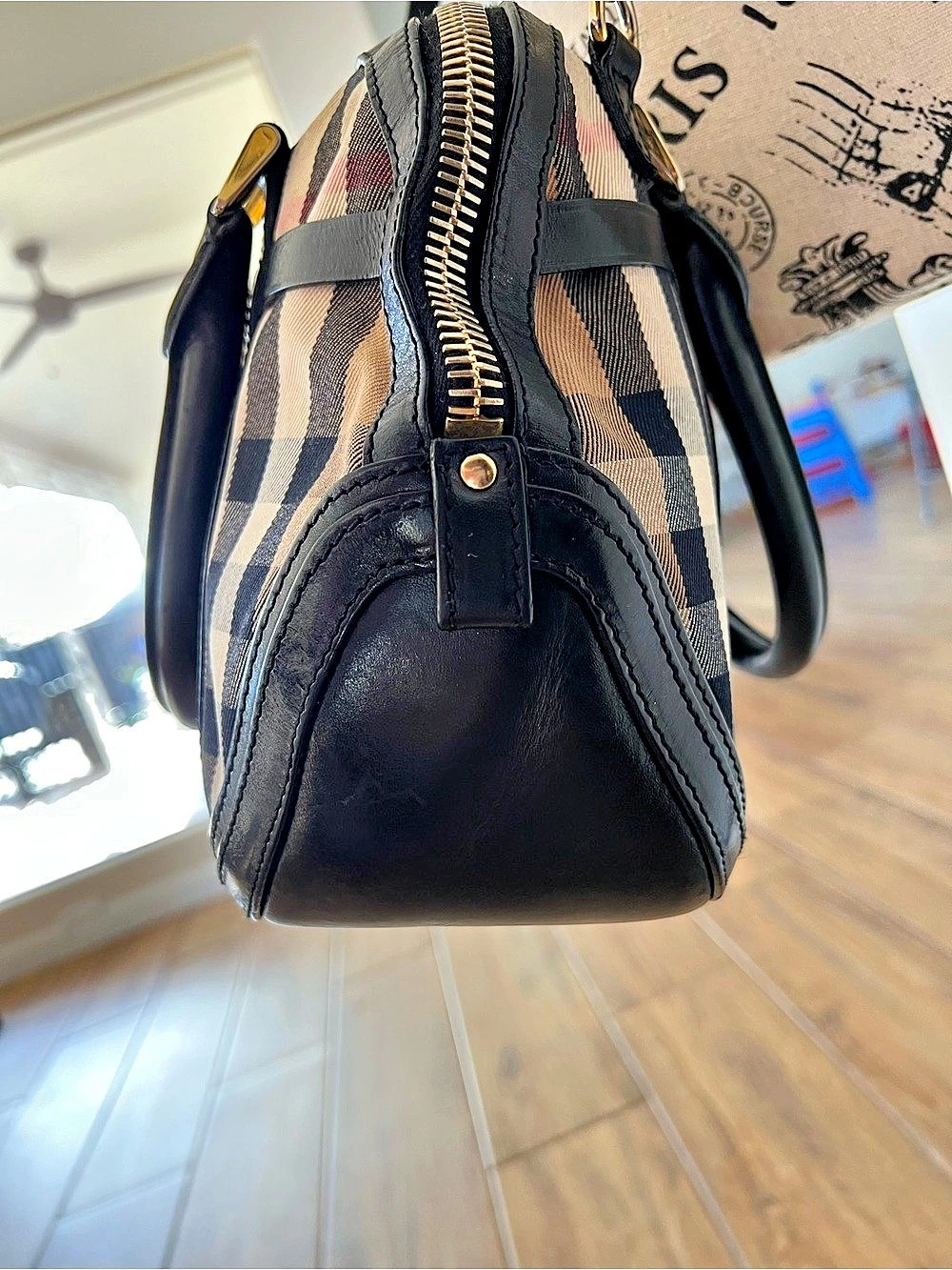 Burberry House Check Canvas Chester Bowling Bag Satchel Brown & Black - Picture 8 of 12